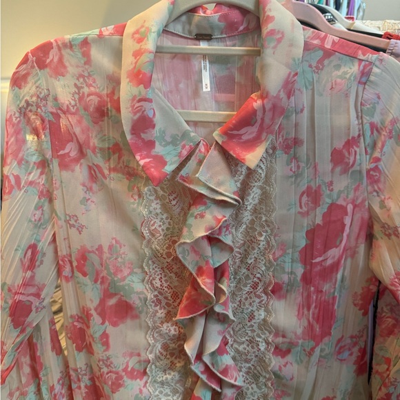 Free People Cream Ruffled Tie Front Blouse - Picture 3 of 4